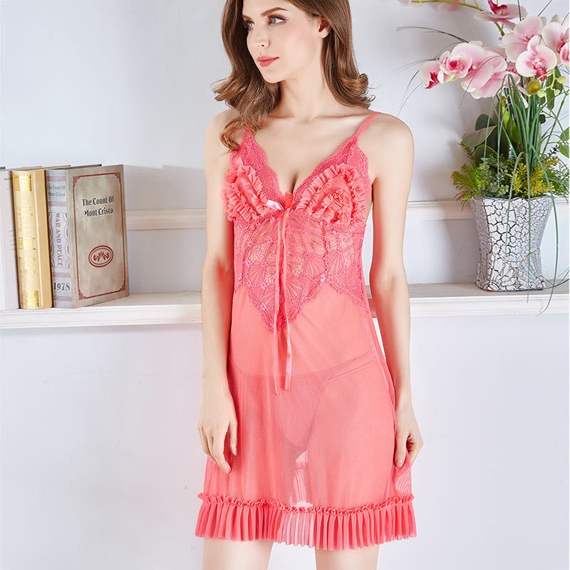 Νάιλον διάφανή δαντελένια νυχτερινή νύχτα με τιράντες, χωρίς μανίκια, στρινγκ, λεπτό ύφασμα