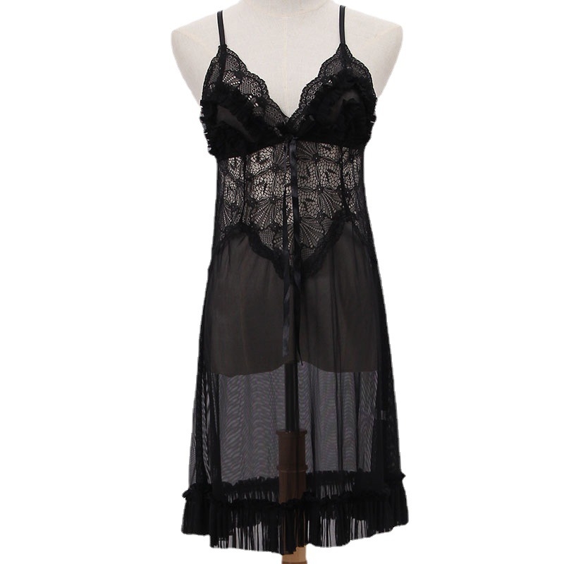 Νάιλον διάφανή δαντελένια νυχτερινή νύχτα με τιράντες, χωρίς μανίκια, στρινγκ, λεπτό ύφασμα