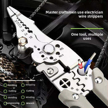 Laidų nuluptuvų žnyplės, 28-in-1 daugiafunkcinės, odų nuluptas, įspaudimas, laidų pjovimas, terminalų pjovimas; smailios žnyplės; svoris 168 g