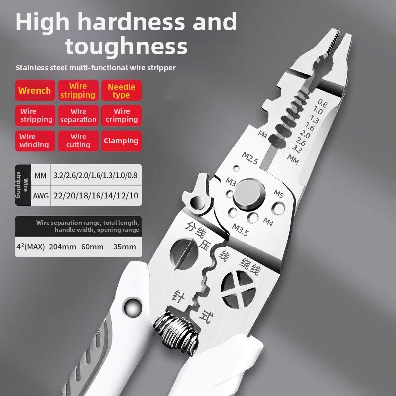 Laidų nuluptuvų žnyplės, 28-in-1 daugiafunkcinės, odų nuluptas, įspaudimas, laidų pjovimas, terminalų pjovimas; smailios žnyplės; svoris 168 g