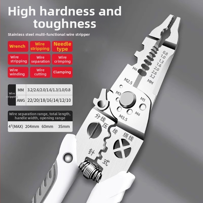 Laidų nuluptuvų žnyplės, 28-in-1 daugiafunkcinės, odų nuluptas, įspaudimas, laidų pjovimas, terminalų pjovimas; smailios žnyplės; svoris 168 g