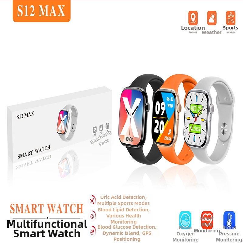 Novi S12 Max Bluetooth sportski sat s pametnim podsjetnikom, višenamjenski — Bluetooth povezivost, praćenje otkucaja srca, mjerenje krvnog tlaka, praćenje sna, trajanje baterije 7–14 dana
