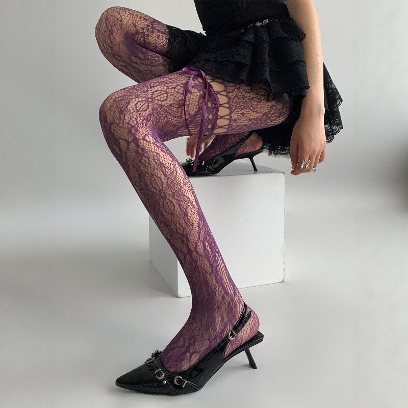 Proljetno-ljetne mrežaste čarape s mašnicom i izrezima, s trakama, japanski retro stil