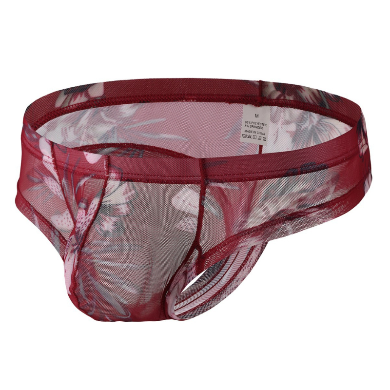 Meeste aluspesu lillemustriga, hingav võrgumaterjal, madal talje, peamine kangas 90–95% polüester