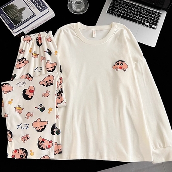 Muški pidžama set u japanskom stilu Crayon Shin-Chan, zimsko-jesenski, Derong tkanina, dvostrano četkan, toplo, debljina 201–250 g/m2, ovratnik s reverom, dugi rukavi