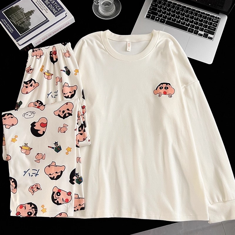 Muški pidžama set u japanskom stilu Crayon Shin-Chan, zimsko-jesenski, Derong tkanina, dvostrano četkan, toplo, debljina 201–250 g/m2, ovratnik s reverom, dugi rukavi