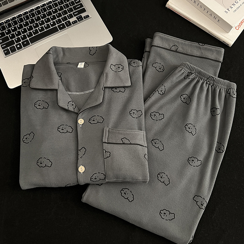 Muški pidžama set u japanskom stilu Crayon Shin-Chan, zimsko-jesenski, Derong tkanina, dvostrano četkan, toplo, debljina 201–250 g/m2, ovratnik s reverom, dugi rukavi