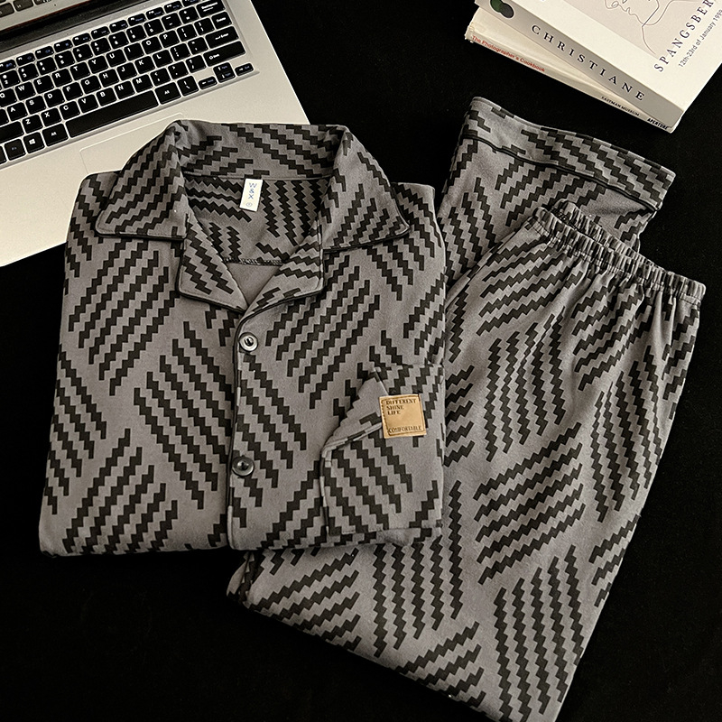 Muški pidžama set u japanskom stilu Crayon Shin-Chan, zimsko-jesenski, Derong tkanina, dvostrano četkan, toplo, debljina 201–250 g/m2, ovratnik s reverom, dugi rukavi