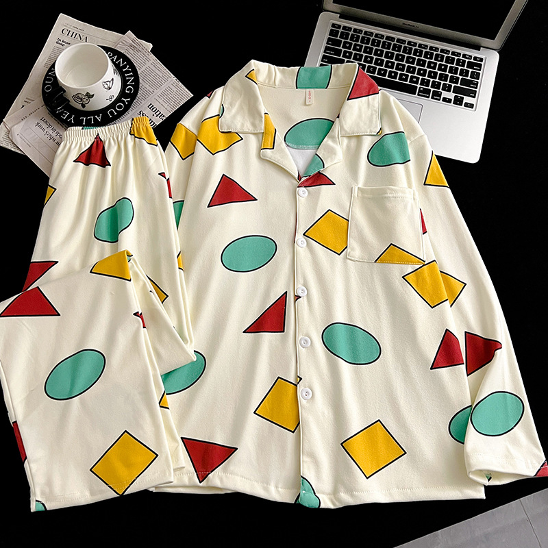 Muški pidžama set u japanskom stilu Crayon Shin-Chan, zimsko-jesenski, Derong tkanina, dvostrano četkan, toplo, debljina 201–250 g/m2, ovratnik s reverom, dugi rukavi