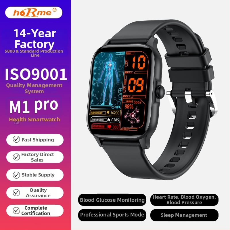 Horme M1Pro Ceas Inteligent Multifuncțional – Monitorizare Sănătate (Ritm Cardiac, Tensiune arterială, Oxigen), Monitorizare Somn, Apel Bluetooth, Autonomie 7–14 zile, Curea de silicon