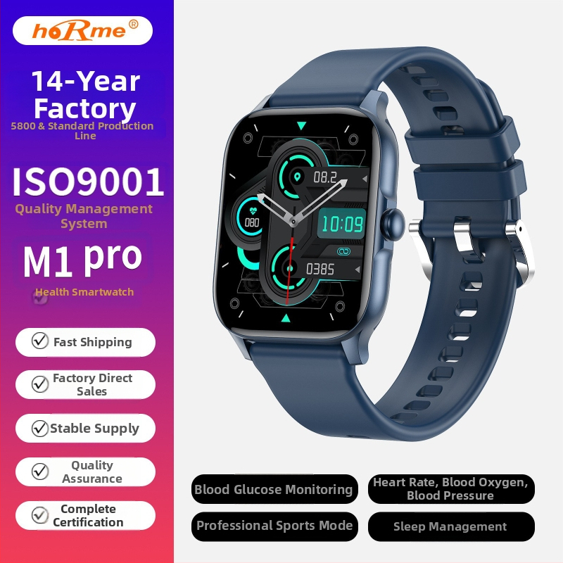 Horme M1Pro Ceas Inteligent Multifuncțional – Monitorizare Sănătate (Ritm Cardiac, Tensiune arterială, Oxigen), Monitorizare Somn, Apel Bluetooth, Autonomie 7–14 zile, Curea de silicon