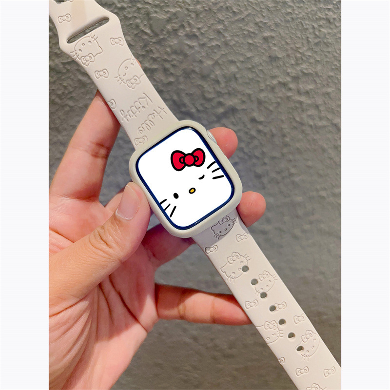 Brățară sport din silicon pentru Apple Watch cu design KT pisică, marca Wu Jiaqiu; compatibilă cu Apple Watch; material: silicon; cataramă snap button; stil modern