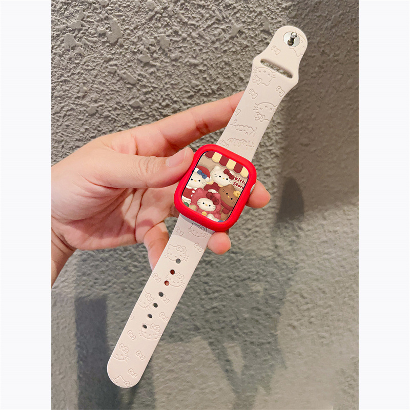 Brățară sport din silicon pentru Apple Watch cu design KT pisică, marca Wu Jiaqiu; compatibilă cu Apple Watch; material: silicon; cataramă snap button; stil modern