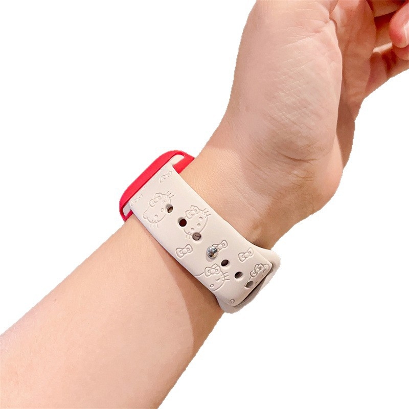 Brățară sport din silicon pentru Apple Watch cu design KT pisică, marca Wu Jiaqiu; compatibilă cu Apple Watch; material: silicon; cataramă snap button; stil modern