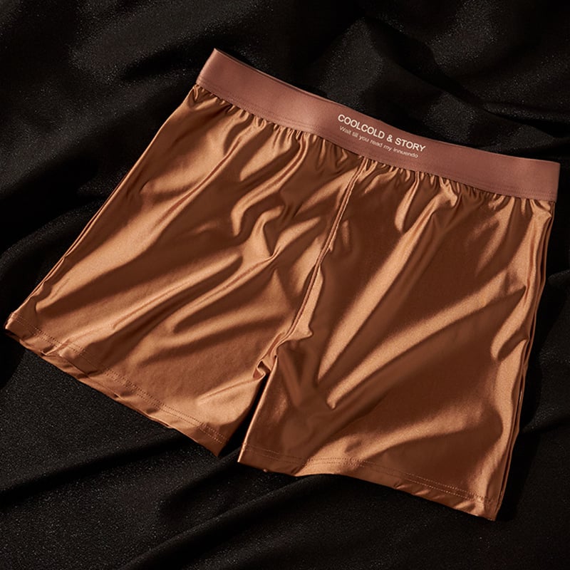 Férfi boxerek Satin Ice Silk anyagban, lélegző, fő anyag 80–90% nylon, kötött, középmagas derék, nyár