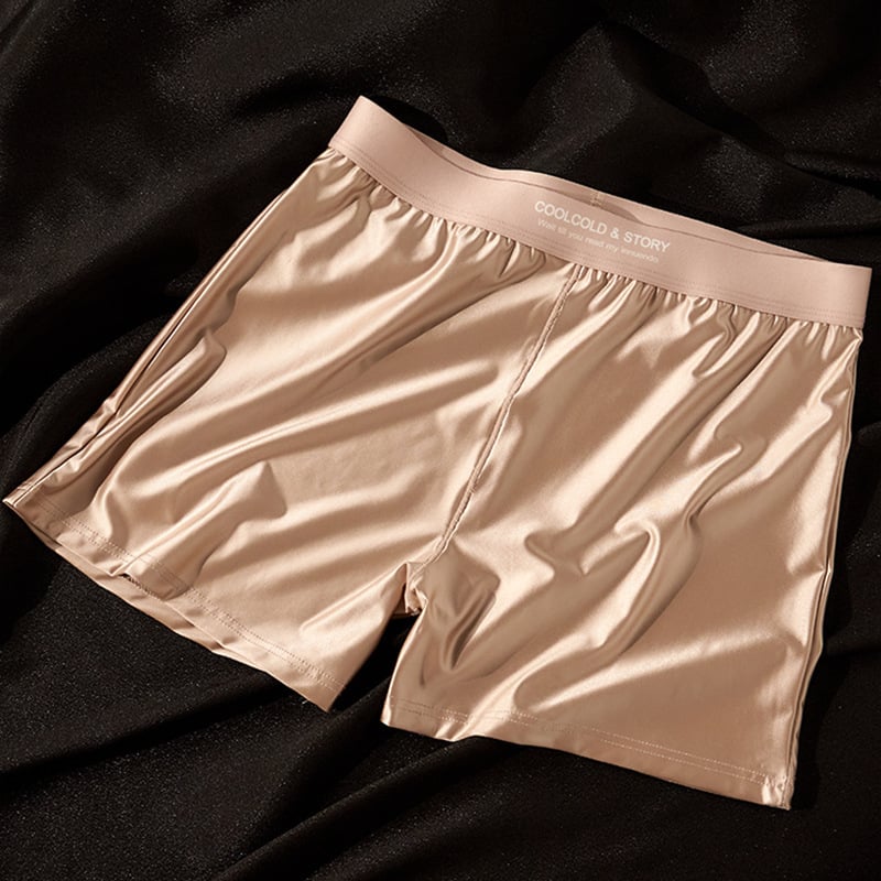 Férfi boxerek Satin Ice Silk anyagban, lélegző, fő anyag 80–90% nylon, kötött, középmagas derék, nyár