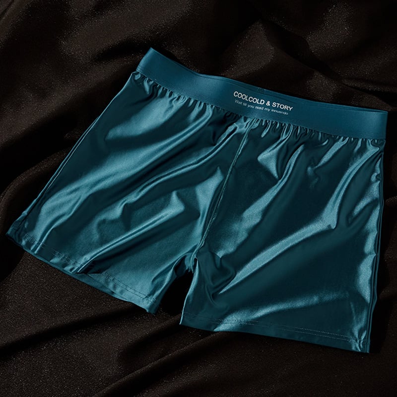 Férfi boxerek Satin Ice Silk anyagban, lélegző, fő anyag 80–90% nylon, kötött, középmagas derék, nyár