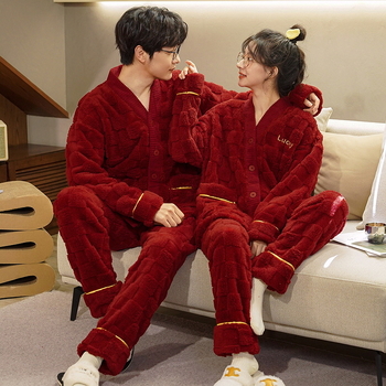 Pidžama za par od koralnog flisa, 100% poliester, ekstra debela, V-dekolte, dugi rukavi i duge hlače