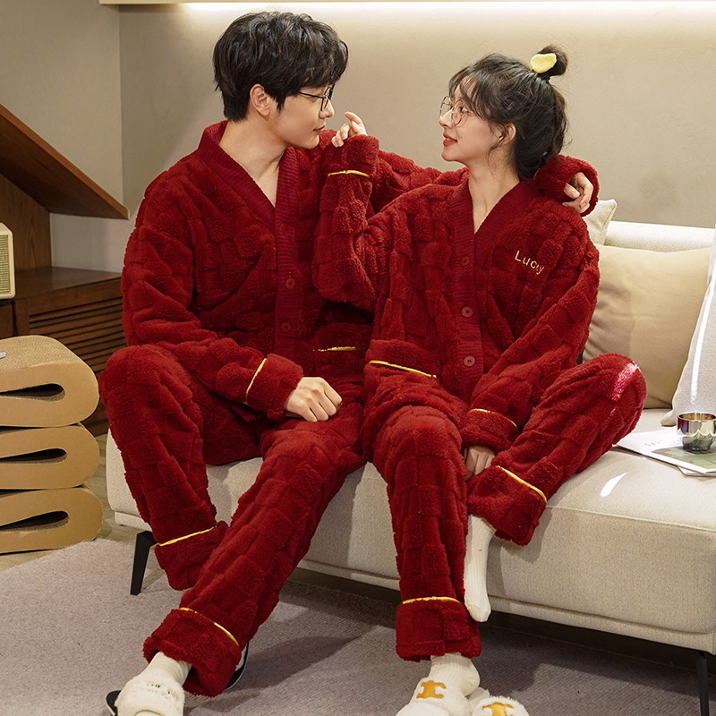 Pidžama za par od koralnog flisa, 100% poliester, ekstra debela, V-dekolte, dugi rukavi i duge hlače