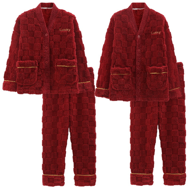 Pidžama za par od koralnog flisa, 100% poliester, ekstra debela, V-dekolte, dugi rukavi i duge hlače