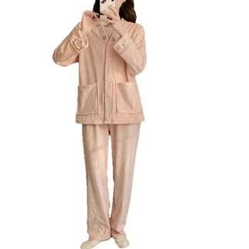 Ženski pajama set od island velvet s izšivkom, jesensko–zimska kolekcija, topla flis podstava za domaću udobnost