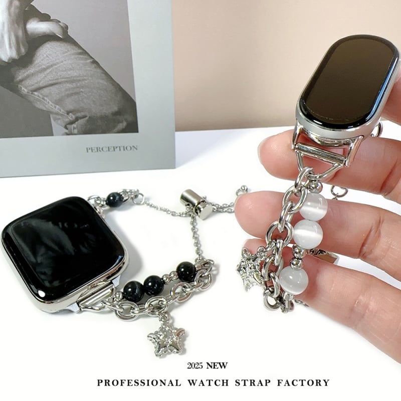 Cat-Eye πέτρα σε ζώνη ρολογιού από ανοξείδωτο ατσάλι για Apple Watch, Samsung, Huawei, Xiaomi — ανοξείδωτη κατασκευή, Cat-Eye λεπτομέρεια, 20–24 g, κούμπωμα με κουμπί-κλικ