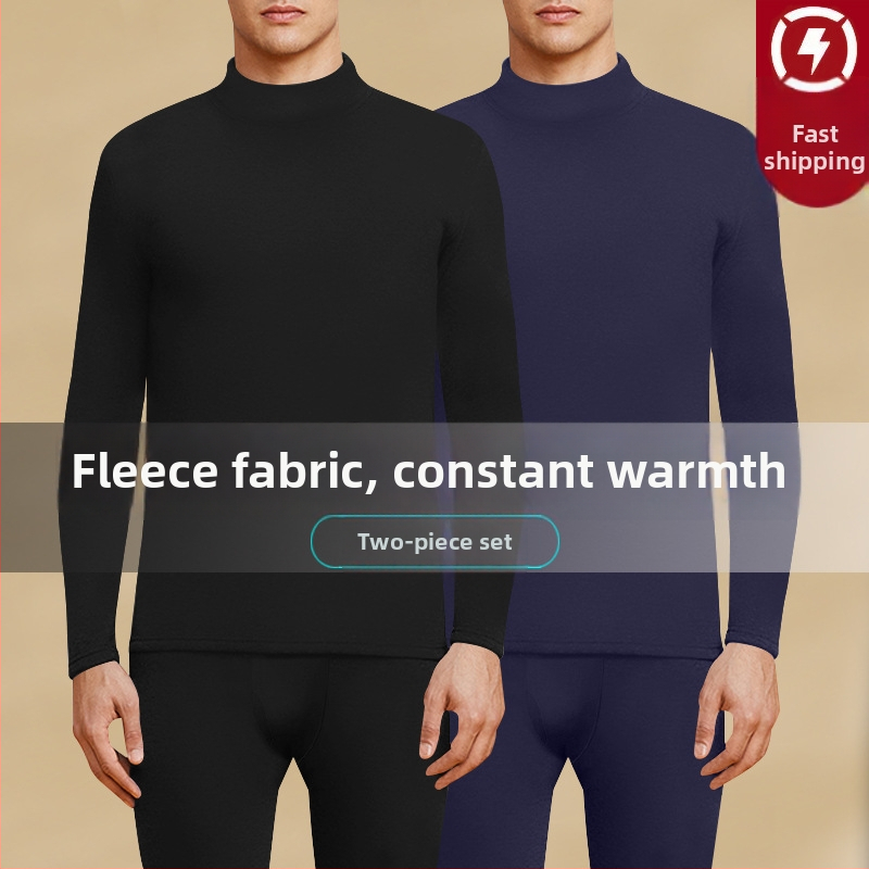 Muški termalni set s flis podlogom, dugi rukavi i hlače, polu-viši ovratnik, poliester, srednja debljina (181–200 g/m²)