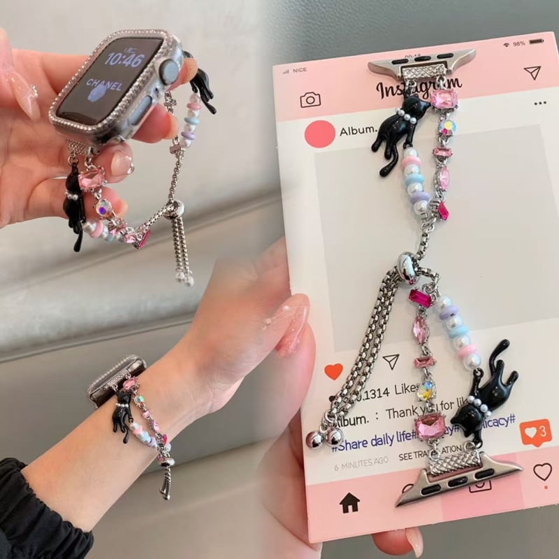 Metalni kaiš za sat s dijamantima, kompatibilan s Apple iWatch 10, Huawei i Xiaomi 9 Pro; Redmi kaiš s dizajnom biserne mačje šape