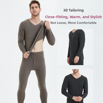 Muški bezšivni termalni komplet donjeg rublja, jednofazni rebrasti uzorak, debeli 251–300 g/m² poliester, pulover s V-izrezom, dugi rukav, jednoslojni