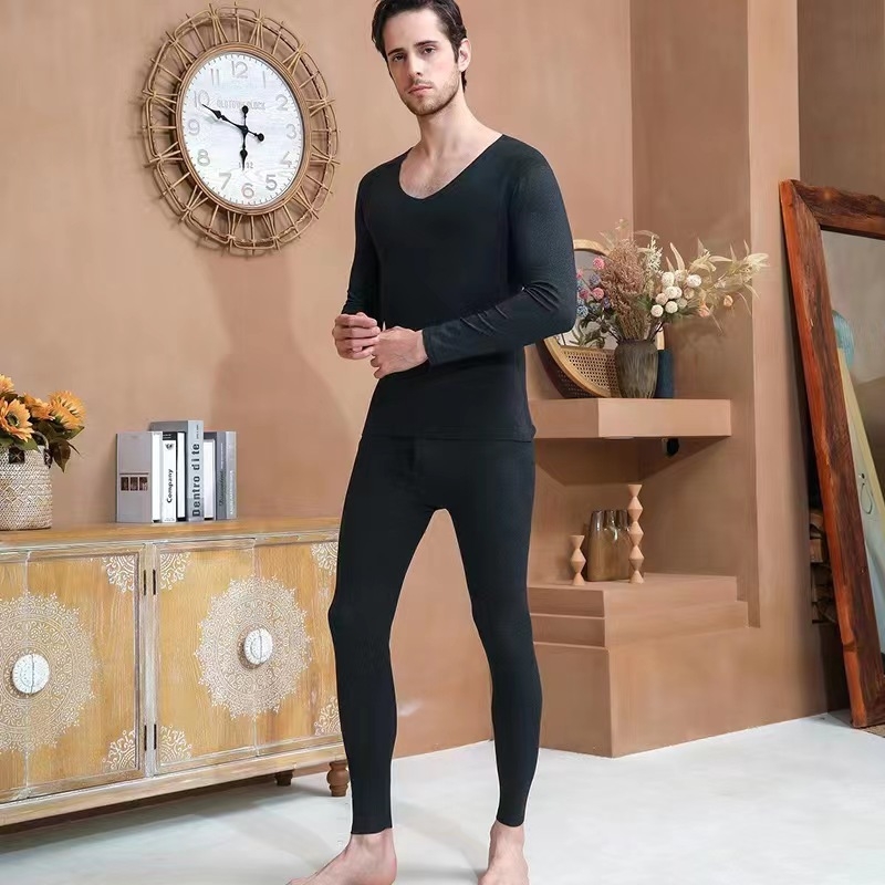 Muški bezšivni termalni komplet donjeg rublja, jednofazni rebrasti uzorak, debeli 251–300 g/m² poliester, pulover s V-izrezom, dugi rukav, jednoslojni