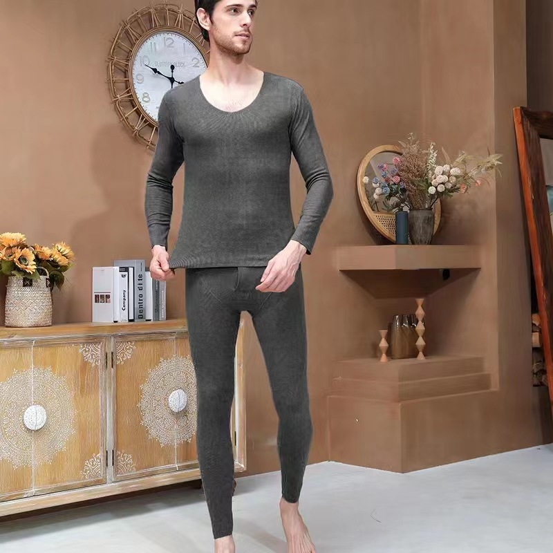 Muški bezšivni termalni komplet donjeg rublja, jednofazni rebrasti uzorak, debeli 251–300 g/m² poliester, pulover s V-izrezom, dugi rukav, jednoslojni