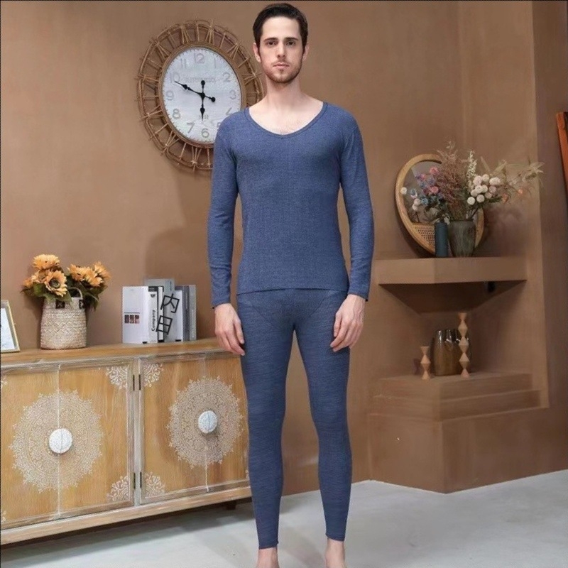 Muški bezšivni termalni komplet donjeg rublja, jednofazni rebrasti uzorak, debeli 251–300 g/m² poliester, pulover s V-izrezom, dugi rukav, jednoslojni