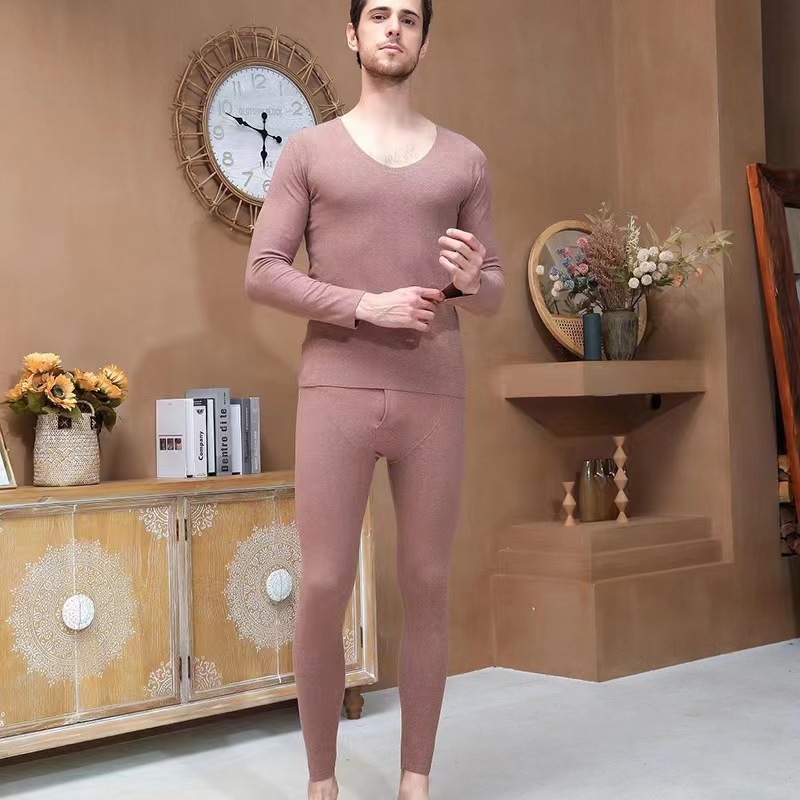 Muški bezšivni termalni komplet donjeg rublja, jednofazni rebrasti uzorak, debeli 251–300 g/m² poliester, pulover s V-izrezom, dugi rukav, jednoslojni