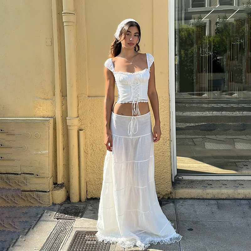 Ženski set: top bez rukava s kvadratnim izrezom i dugačka suknja s čipkastim detaljem, 3D uzorak, poliester/spandex