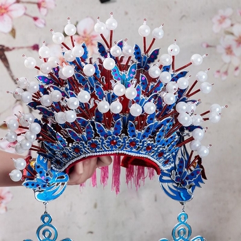 Tradicionalna kineska svadbena kruna s veo i motivom leptira – inspirirano Pekinškom Yue operom, na skladištu, ljeto 2021