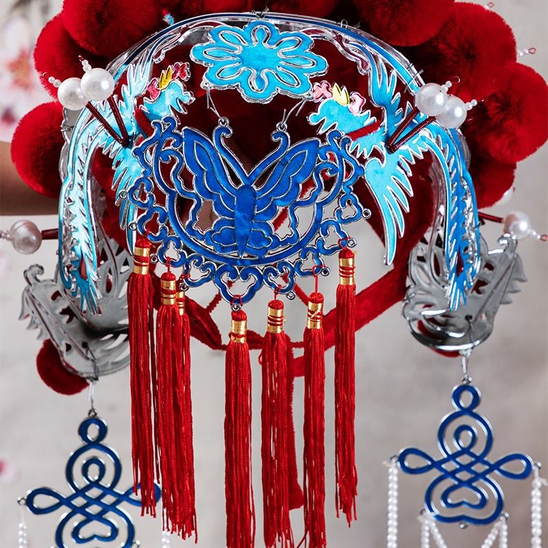 Tradicionalna kineska svadbena kruna s veo i motivom leptira – inspirirano Pekinškom Yue operom, na skladištu, ljeto 2021