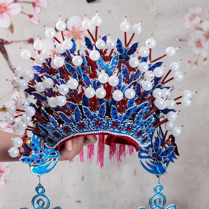 Tradicionalna kineska svadbena kruna s veo i motivom leptira – inspirirano Pekinškom Yue operom, na skladištu, ljeto 2021