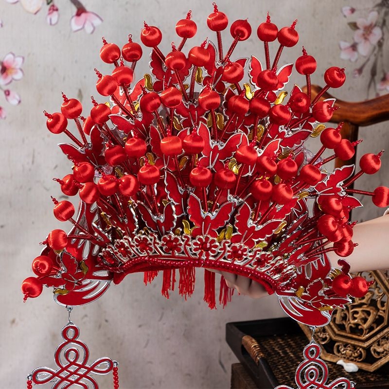 Tradicionalna kineska svadbena kruna s veo i motivom leptira – inspirirano Pekinškom Yue operom, na skladištu, ljeto 2021