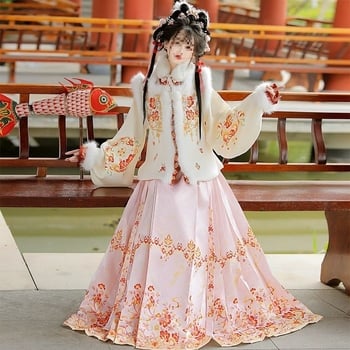 Moterių drabužiai kinų stiliuje, įkvėpti Ming dinastijos, komplektas su sijonu ir kvadratine apykakle, fleece įdėklas, PVC audinys 90–95%, kasdieniam nešiojimui