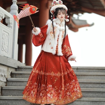 Moterių drabužiai kinų stiliuje, įkvėpti Ming dinastijos, komplektas su sijonu ir kvadratine apykakle, fleece įdėklas, PVC audinys 90–95%, kasdieniam nešiojimui