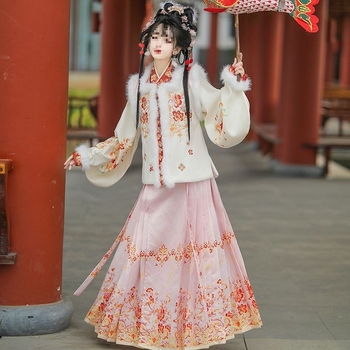 Moterių drabužiai kinų stiliuje, įkvėpti Ming dinastijos, komplektas su sijonu ir kvadratine apykakle, fleece įdėklas, PVC audinys 90–95%, kasdieniam nešiojimui