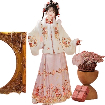 Moterių drabužiai kinų stiliuje, įkvėpti Ming dinastijos, komplektas su sijonu ir kvadratine apykakle, fleece įdėklas, PVC audinys 90–95%, kasdieniam nešiojimui