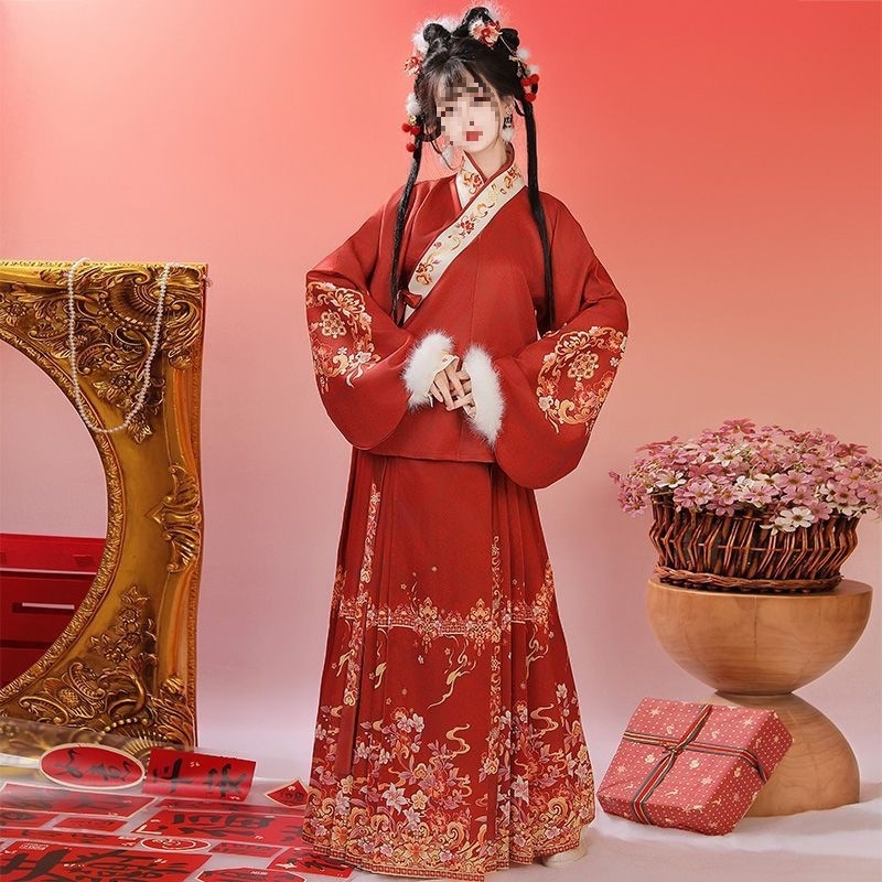 Moterių drabužiai kinų stiliuje, įkvėpti Ming dinastijos, komplektas su sijonu ir kvadratine apykakle, fleece įdėklas, PVC audinys 90–95%, kasdieniam nešiojimui