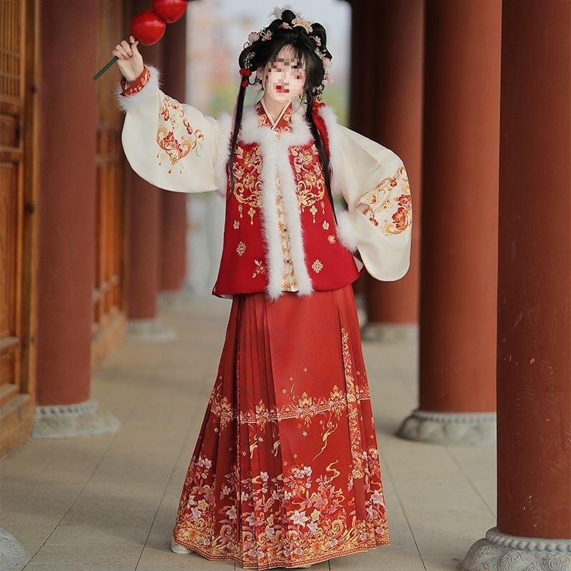 Moterių drabužiai kinų stiliuje, įkvėpti Ming dinastijos, komplektas su sijonu ir kvadratine apykakle, fleece įdėklas, PVC audinys 90–95%, kasdieniam nešiojimui