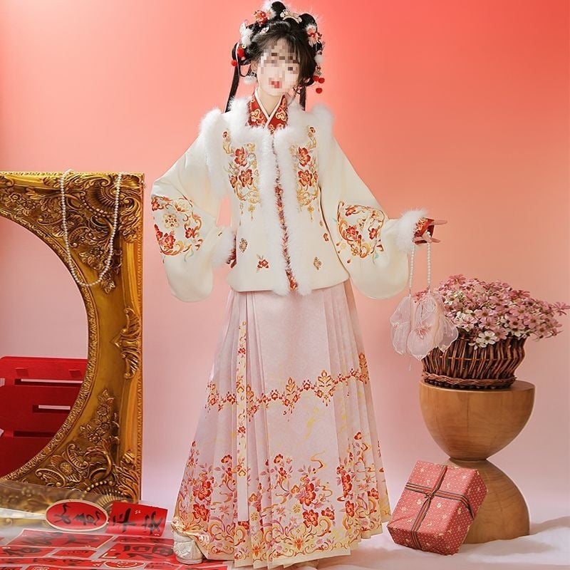 Moterių drabužiai kinų stiliuje, įkvėpti Ming dinastijos, komplektas su sijonu ir kvadratine apykakle, fleece įdėklas, PVC audinys 90–95%, kasdieniam nešiojimui