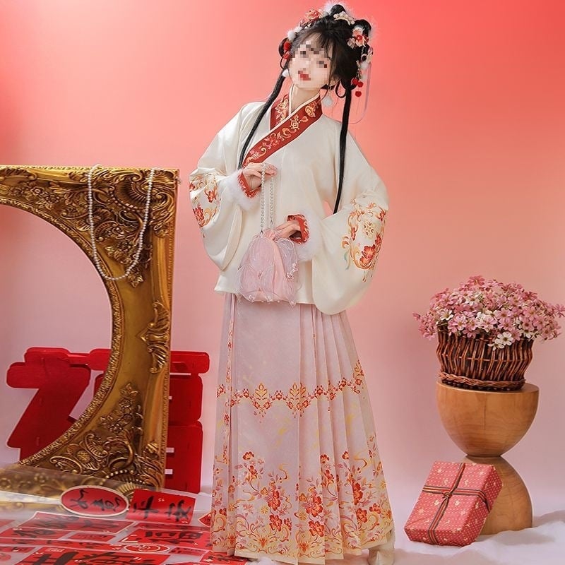 Moterių drabužiai kinų stiliuje, įkvėpti Ming dinastijos, komplektas su sijonu ir kvadratine apykakle, fleece įdėklas, PVC audinys 90–95%, kasdieniam nešiojimui