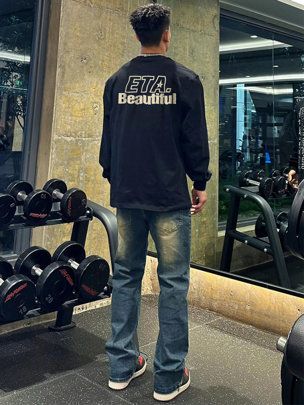 Muški dugi rukav T-shirt s otiskom slova u kineskom stilu, 100% pamuk, za proleće i jesen