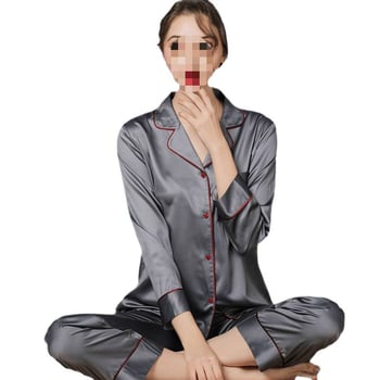 Két részes selyem pizsama férfiak és nők számára – hosszú ujjú felső és nadrág, vékony selyem, tavasz