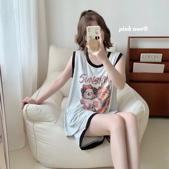 Set de pijamale din modal cu imprimeu cartoon pisică și câine, cu pernă pentru sân — top fără mâneci și șort, guler rotund