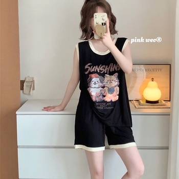 Set de pijamale din modal cu imprimeu cartoon pisică și câine, cu pernă pentru sân — top fără mâneci și șort, guler rotund